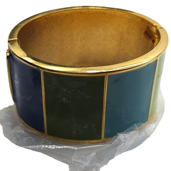 Green/Blue Enamel Gold Tone Chunky Bangle Cuff Bracelet Boho Cottage Cabincore - Picture 5 of 14